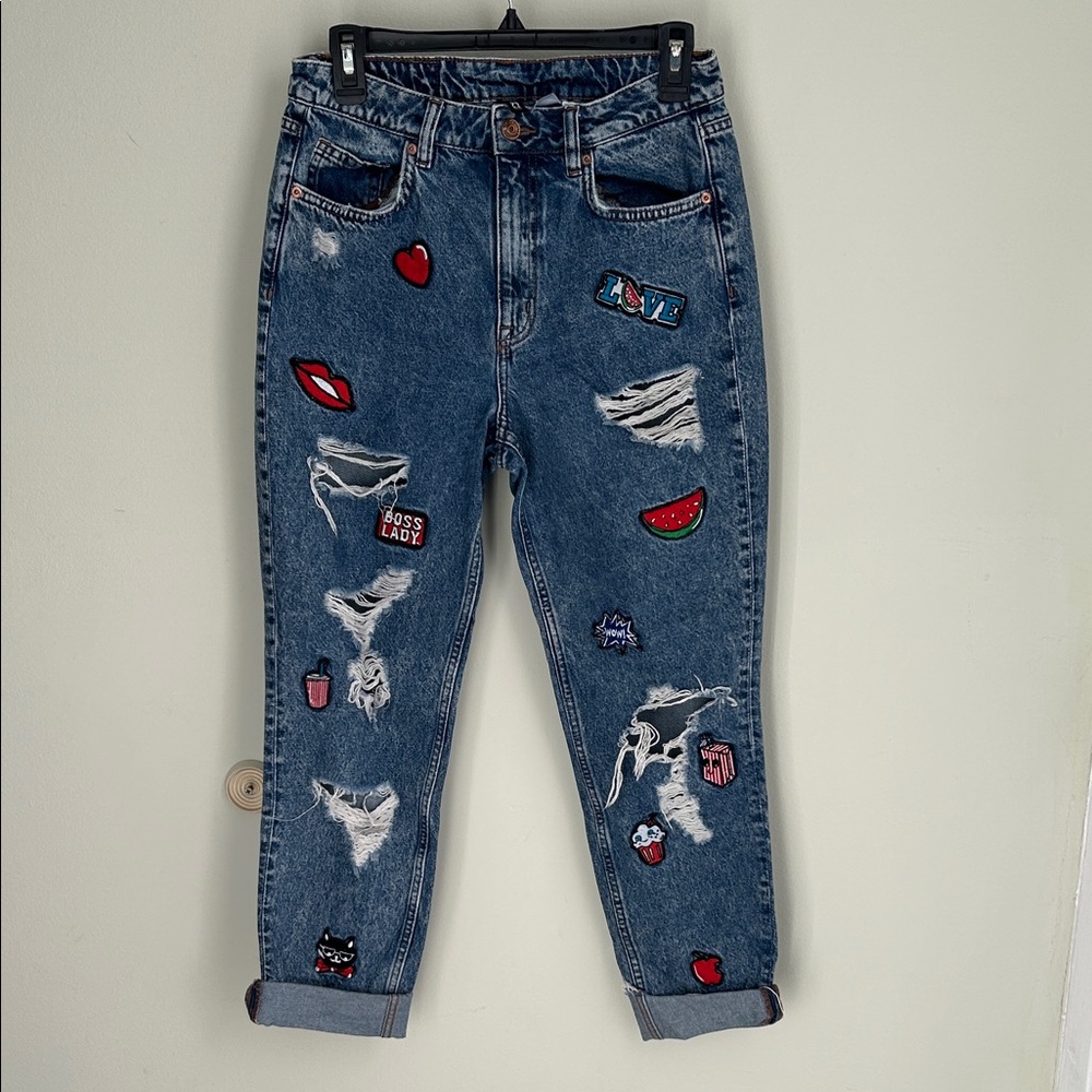 H&M Blue Distressed Boyfriend Jeans with Colorful Patches